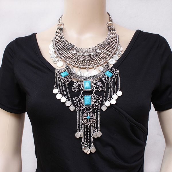 

vintage turquoise tassel necklace multi-layer coin chain women boho jewelry, Silver