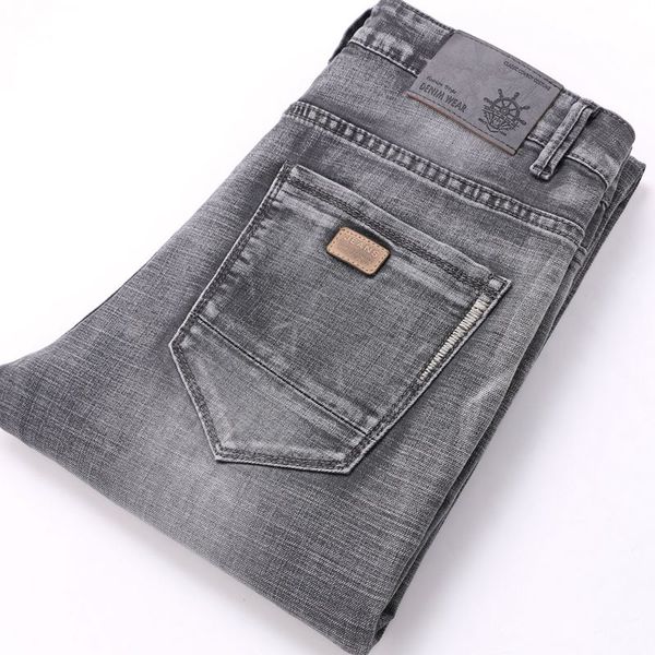

brand slim men jeans straight 2020 new tide brand fashion casual smoke gray straight stretch street wear youth long pants jeans, Blue