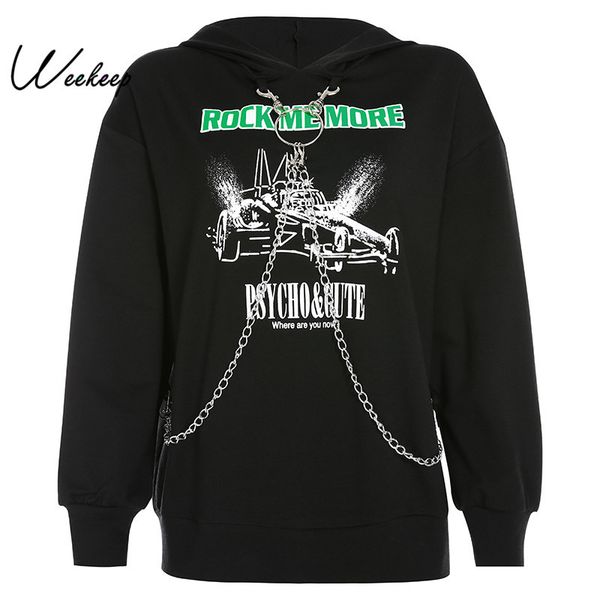 

weekeep streetwear printed long hoodies women black metal chain patchwork hooded sweatshirt fashion loose pullover hoodie women