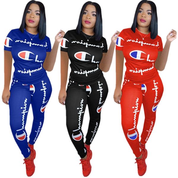 

2019 women champion letter track uit hort leeve t hirt pant 2 piece et ummer outfit tee port wear brand jogger 3xl a33