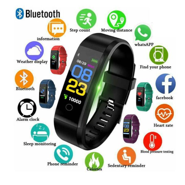 115 Plus Bluetooth Smart Watch Frequenza cardiaca Fitness Tracker Impermeabile Sport Braccialetto intelligente per Android IOS Smart Phone Orologio da polso