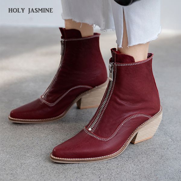 

western ankle boots cowboy women booties fashion pointed toe shoes female thick heels cuban leather shoes ladies 2019 new autumn t200425, Black