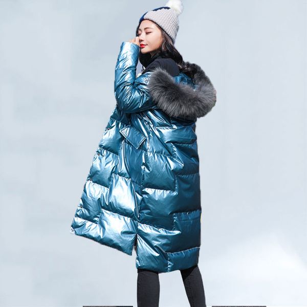 

2019 winter new bright down jacket women fashion real scorpion fur collar long white duck down coat women tide 393, Black