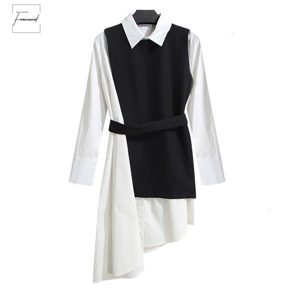 

shirt dress womens suit two set long sleeve lace up black white solid asymetrical piece vest dress female clothes korean, Black;gray