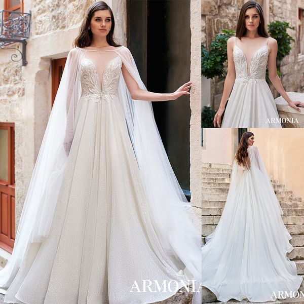 

modest bohemian tmarmonia a line wedding dresses jewel neck sleeveless tulle lace applique pearls wedding gowns sweep train robe de mariÃ©e, White