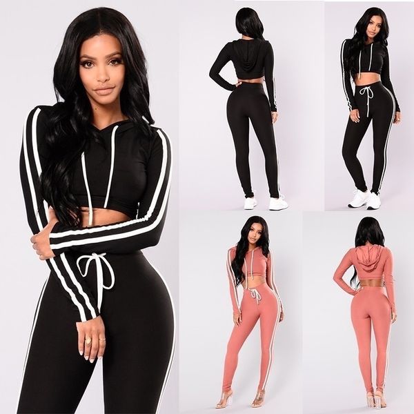 

2019 fashion sports women sportswear women two piece set tracksuit long sleeve slim +long pants fitness suits 2 colors, White