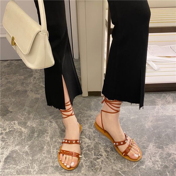 

low sandals woman leather strappy heels spring shoes cross cross-shoes suit female beige large size 2020 summer low-heeled lace, Black