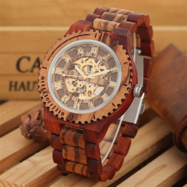 

luxury wood watch mechanical self-wind men's watches wooden bangle watchband roman numerals display automatic clock, Slivery;brown