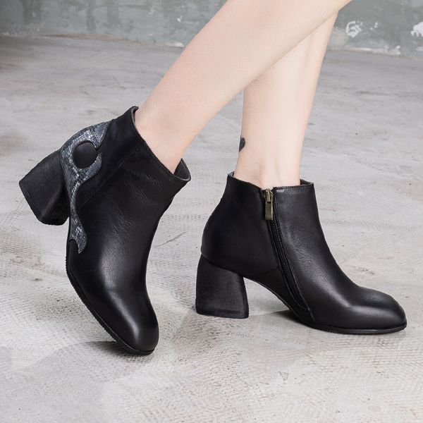 

original 2019 square head genuine leather women shoes short boots thick heel handmade vintage women's ankle boots, Black