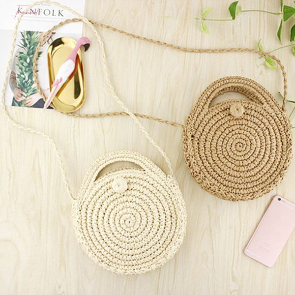 

fggs round paper rope beach bag summer mini vintage handmade crossbody straw bag girls circle rattan bag small bohemian shoulder
