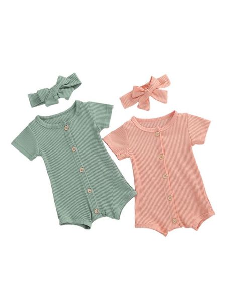 

jumpsuits summer kid boy girls baby clothing short sleeve button knitted jumpsuit born romper headband rompers cute clothes 0-18m, Blue