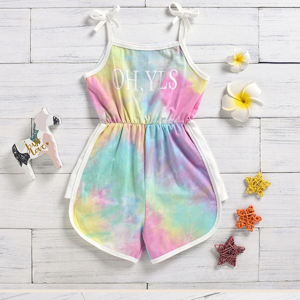 

2020 new girls sleeveless sling letter tie dye rainbow jumpsuit sports toddler summer jumpsuit kid clothes, Blue