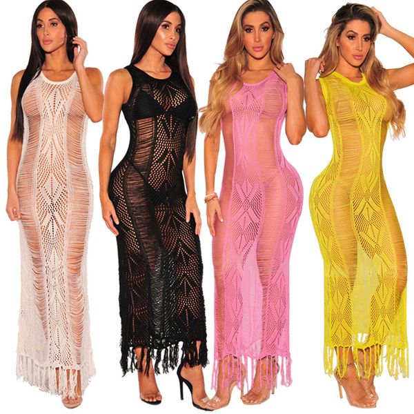 

women's swimwear bikini see-through blouse dress crochet sweater fringed european and american women's dress, White;black