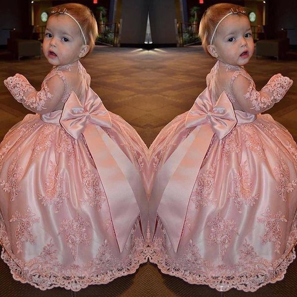 

cute pink lace girls pageant gowns sheer long sleeves with big bow on back floor length flower girl dresses first communion gowns, White;blue