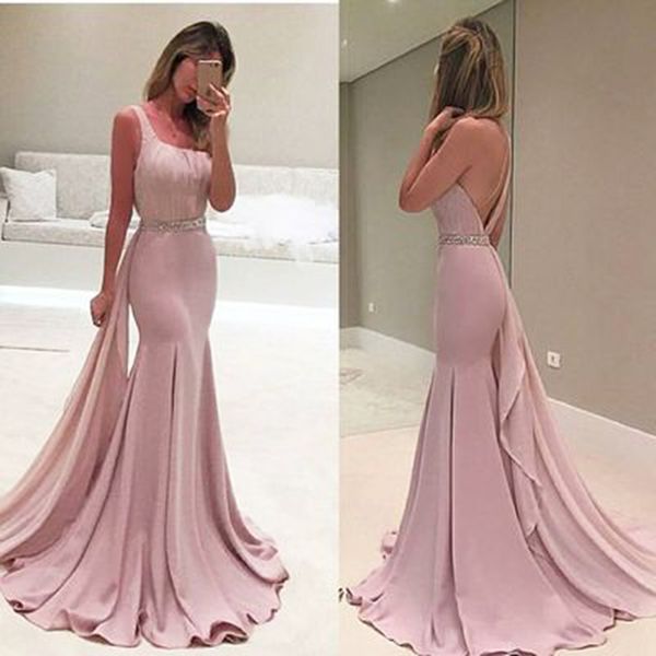 

2020 luxury pink mermaid evening dresses scoop sleeves pearls belt dubai saudi arabic formal evening gown prom dress robe de soiree, Black;red