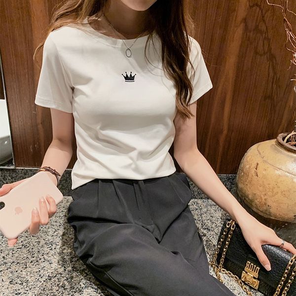 

summer slim simple round neck short sleeve t-shirt women's bottoming top, White