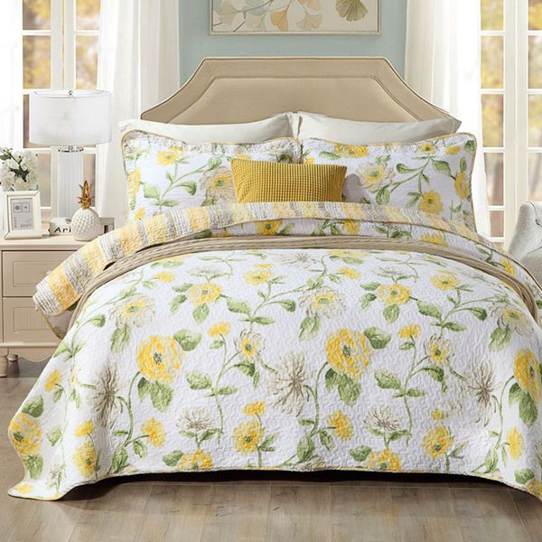 

quality cotton bedspread quilt set 3pcs flowers print coverlet quilted quilts bed cover pillowcase king queen size blanket