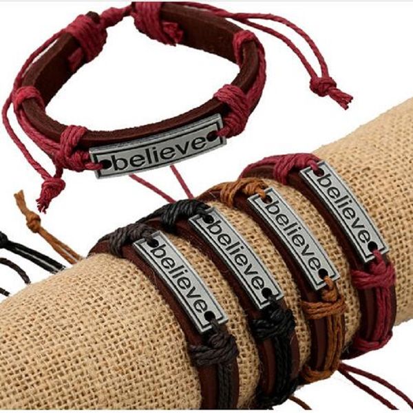 

promotion believe letter id charm bracelets colorful hemp rope leather faith bracelets simple cowhide jewelry accessories, Golden;silver