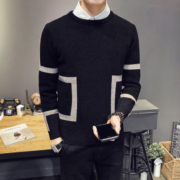 

korean fashion clothing male round neck long sleeve knitting stripe pullover sweater men blusa masculina noel kazak, White;black