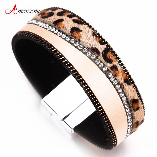 

amorcome leopard leather bracelets for women bracelets & bangles boho crystal wide wrap bracelet femme jewelry, Golden;silver