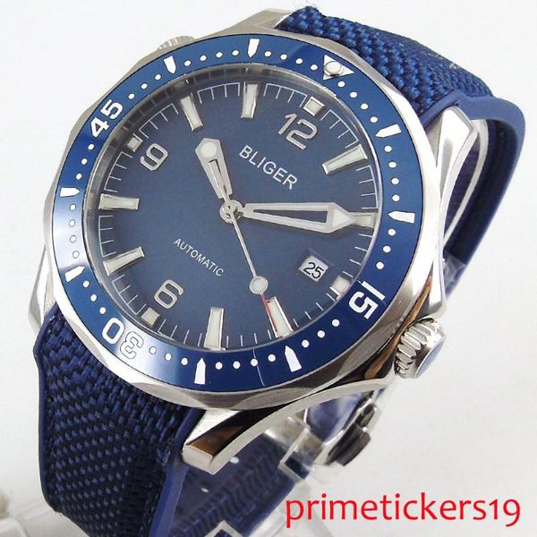 

bliger sapphire glass 41mm blue dial date rotating bezel automatic men watches movement rubber strap, Slivery;brown