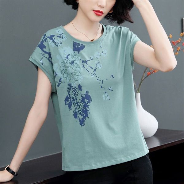 

pure cotton women's middle-aged short-sleeved fashionable loose large size belly-covering fat sister 200 jin printed t-shirt cotton t-s, White