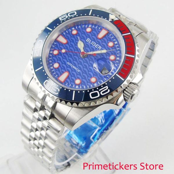 

40mm blue dial bliger sapphire glass date bracelet strap automatic movement rotating bezel wristwatch, Slivery;brown