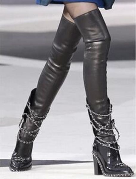 

fall winter ankle high black motorcycle boots shoes women chained over knee boot chunky heels two part boots