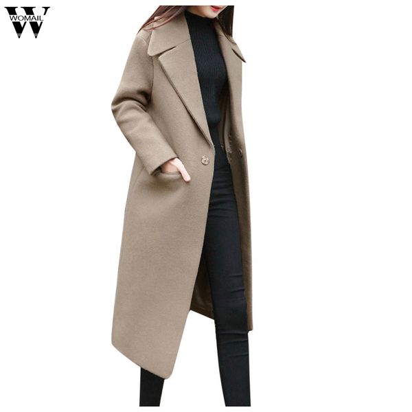 

womail women work solid wool blend coat women office long sleeve turn-down collar outwear casual autumn winter elegant overcoat, Black
