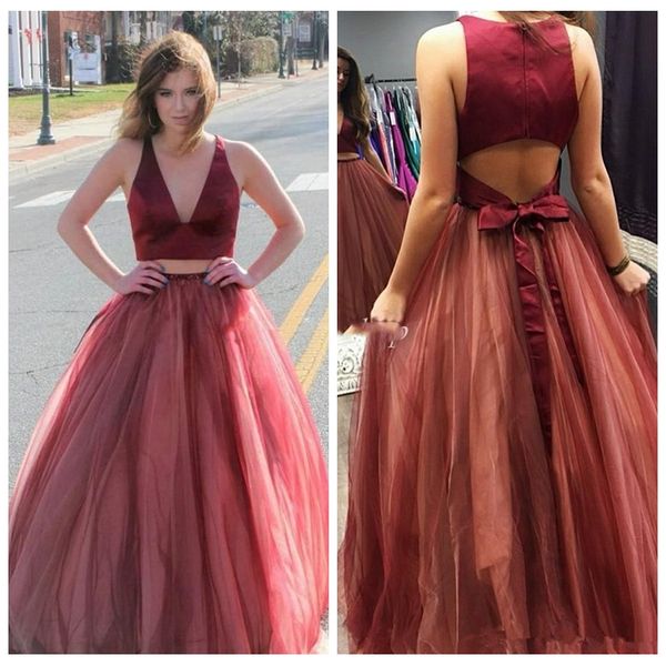 

v-neck two piece 2021 prom dresses tulle sleeveless a-line formal tulle sleeves women evening party gowns vestidos de soiree, Black