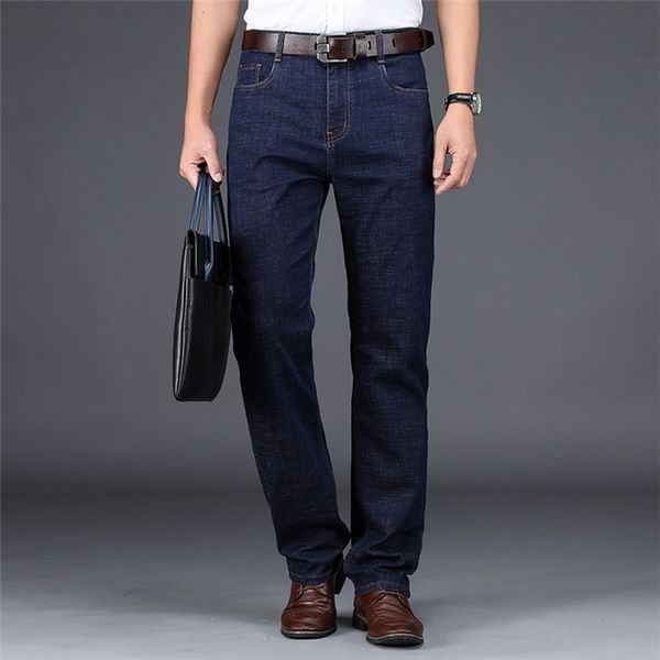 

large big size jeans men spring summer straight jeans business casual pants micro-elastic stretch denim long trousers mens, Blue
