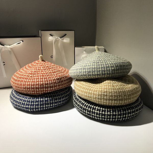 

fashion plaid wool beret cap women autumn winter hat british style painter hat solid color warm pumpkin hats boinas para mujer, Blue;gray