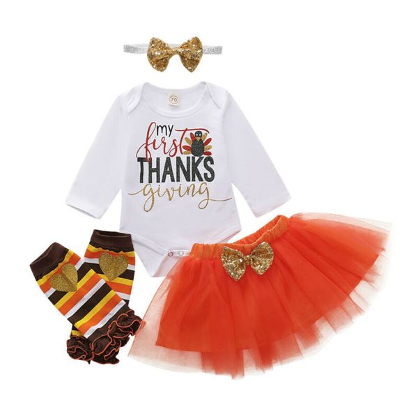 

thanksgiving baby girl 4pcs outfits set my first romper +tutu skirt princess newborn baby thanksgiving party pageant clothes, White