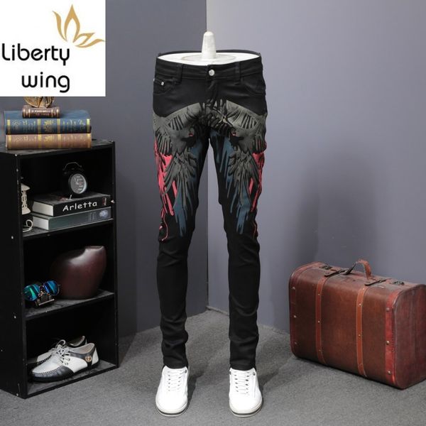 

black print slim fit straight men fashion zipper hip hop denim trousers club pantalon homme party jeans, Blue