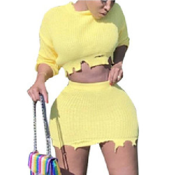 

knitted autumn fashion 2 piece outfits women long sleeve casual matching sets solid cropped sweater and skirt set, White