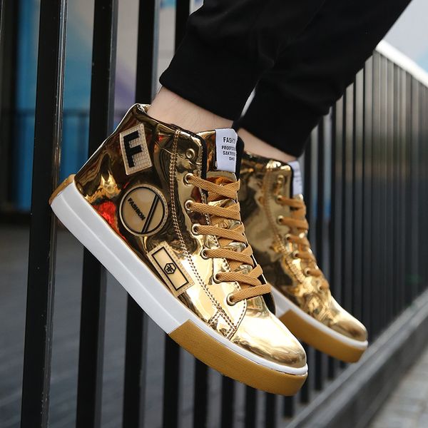 

nightclub leisure shoes rommedal high-male vulcanized shoe pu leather golden hip hop men lace-up flat luxury designer c13, Black