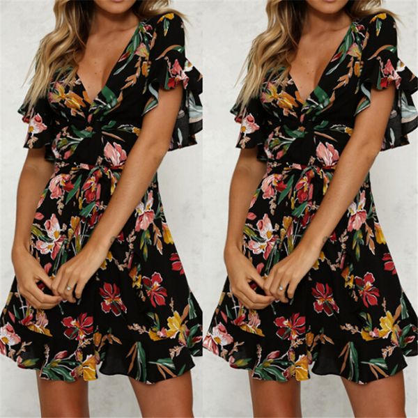 

designer dress women dresses summer dress women deep v neck black flower print folds bohemian style belt mini ruffle beach dress, Black;gray