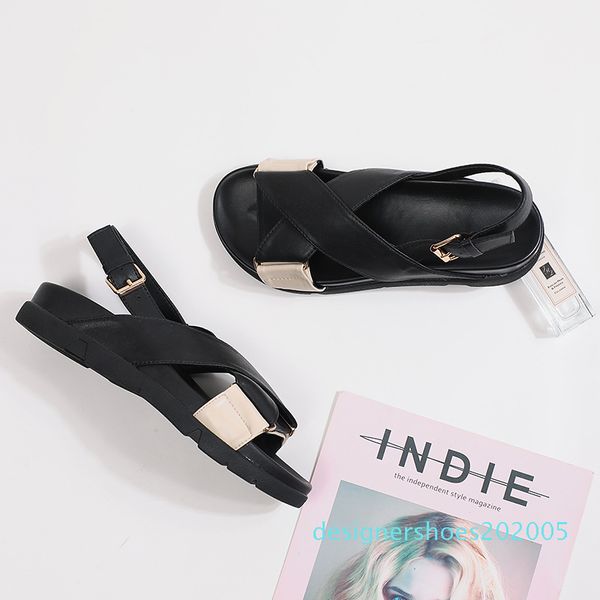 

muffin colors block strap open toe platform sandals women creepers cross band gladiator sandalias buckle wedges heels flip flops 05d, Black