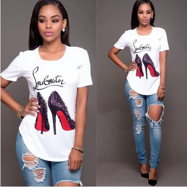 

fashion women t-shirt short sleeve high-heeled shoes printed t shirt summer o-neck t-shirts tees girls tshirts casual street clothing, White