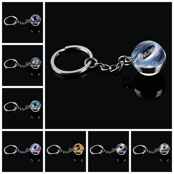 

double sided glass ball black hole keychains planet universe glass pendant art picture handmade key holder keyring jewelry, Slivery;golden