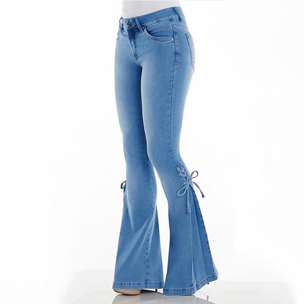 

women high waist stretch denim jeans flare wide leg trousers, Blue