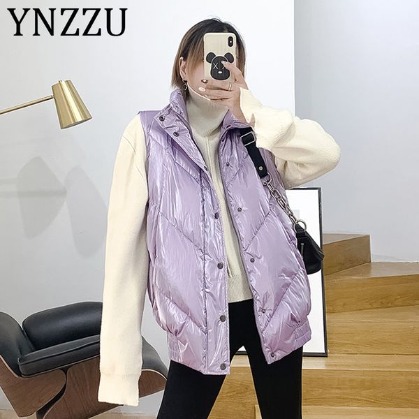 

ynzzu 2019 autumn winter women sleeveless down vest glossy mental color down jacket female stand collar warm waistcoat a1198, Black