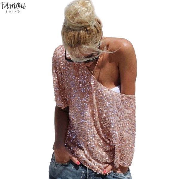 

fashion 2020 women loose off shoulder sequin glitter blouses summer casual shirts vintage streetwear party, White