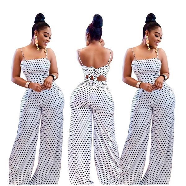 

summer women's fashion casual white spot high waist sling dot loose rompers jumpsuit print wrapped chest straps beach jumpsuit, Black;white