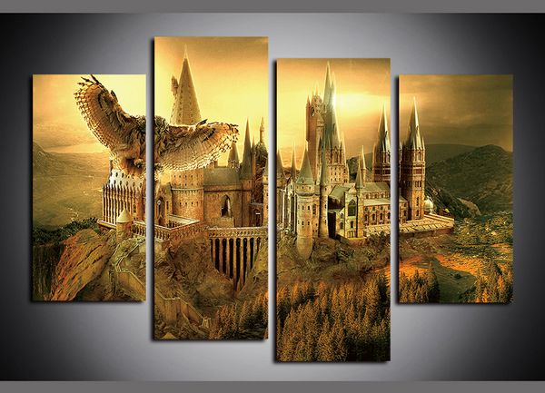 

4 panels alpine flying eagle castle landscape artworks giclee canvas wall art for home wall decor poster canvas print oil painting