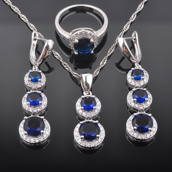 

2019 new wedding jewelry blue zirconia for women 925 sterling silver jewelry sets necklace pendant earrings ring qz0492, Slivery;golden