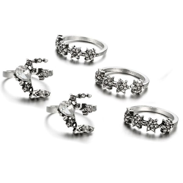 

5 pcs/set bohemia retro crystal moon star simple hollow punk personality silver open ring women jewelry, Golden;silver
