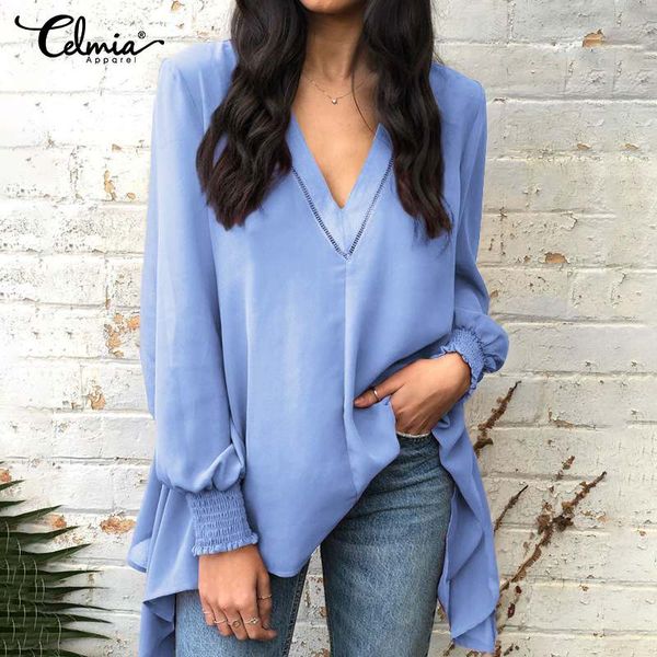

women's blouses & shirts women stylish v-neck celmia 2021 summer chiffon long sleeve casual solid hollow irregular hem tunic clothing, White