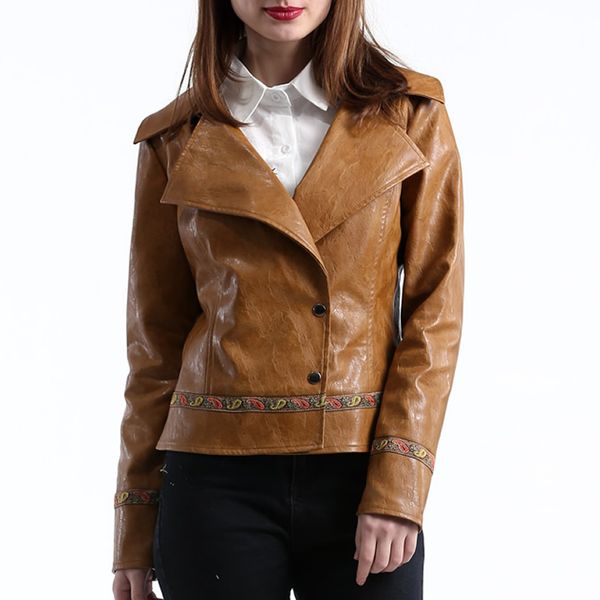 

pu leather slim motorcycle jackets fashion plain dyed brown womens artificial leather jacket autumn and winter femme jacket coat, Black