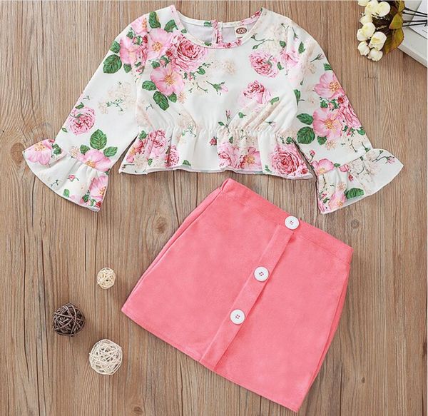 

girl mandarin sleeve rose print dress set baby floral print o-neck skirt suit kids clothes two pieces zht 326, White
